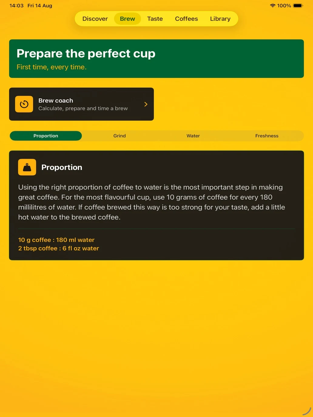 The Coffee Master brew guidance on iPad