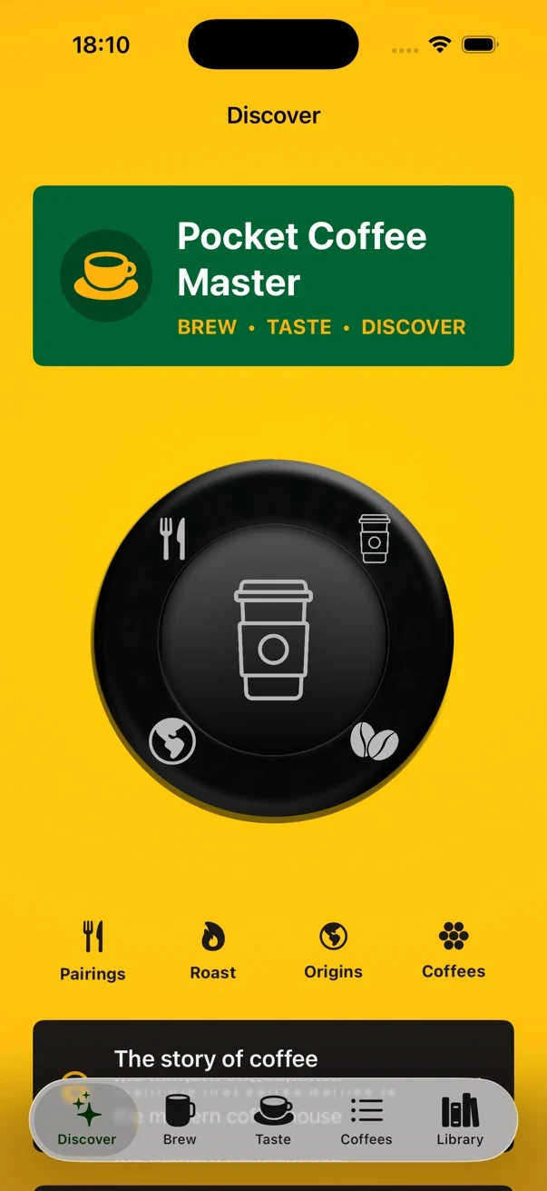 Pocket Coffee Master Discover screen on iPhone
